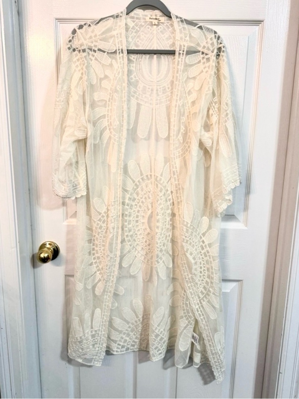 REBELLION AGAIN, Women’s Large Ivory Lace Cover Up BOHO Kimono Caftan Duster
